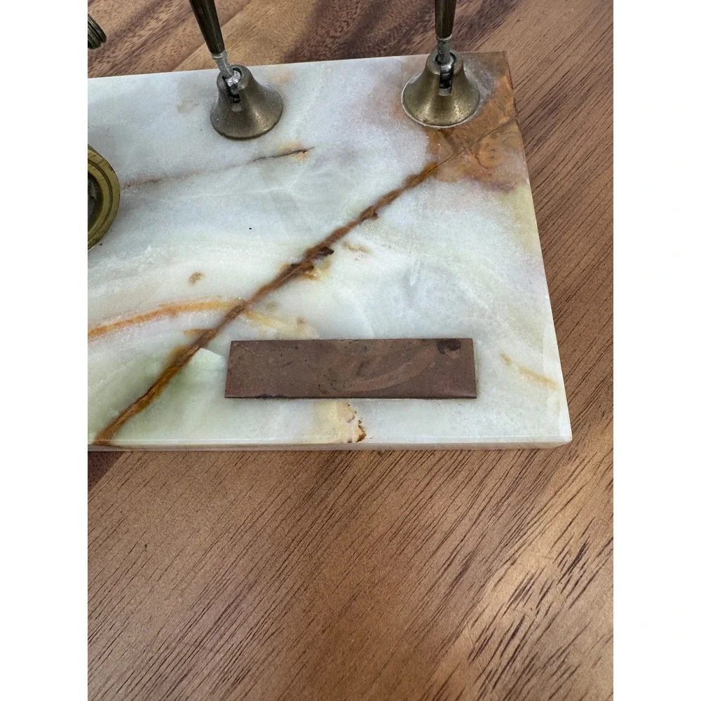 Vintage Onyx Marble Desk Set Brass Cannon Double Pen Stand Executive Office